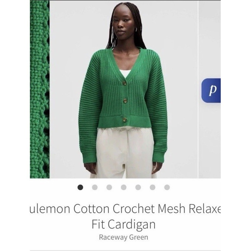 🍋EUC Lululemon Cotton Crochet Mesh Relaxed-Fit Cardigan  XL $148 Raceway Green